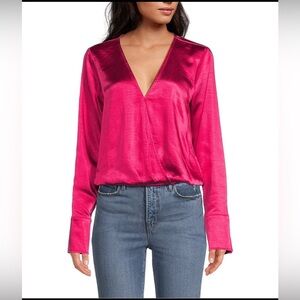 GOOD AMERICAN Satin Wrap V-Neck Long Sleeve Blouse NWT LARGE